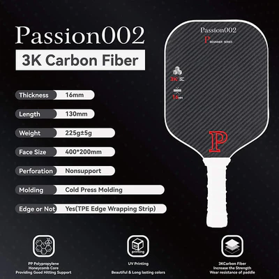 Vợt Pickleball 3K Carbon Fiber Black + Red Color